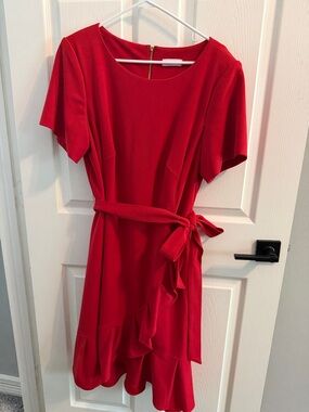 Calvin Klein Red Tie-Waist Midi Dress with Ruffle Detail